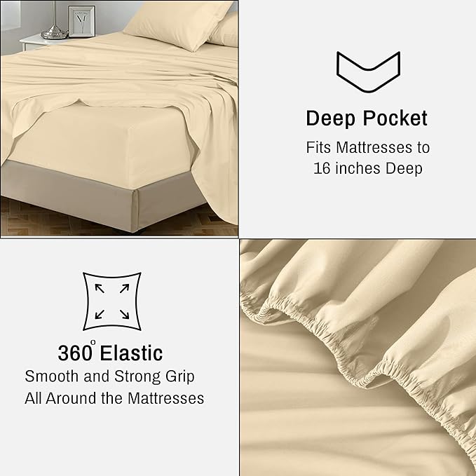 RUVANTI 100% Cotton Twin XL Sheet Sets, 3 Pieces, Soft & Breathable Percale Weave Bedding, Deep Pocket 16", Hotel Standard, Crisp Cool Feel, Durable, Perfect Size Dyed Sheets, Beige