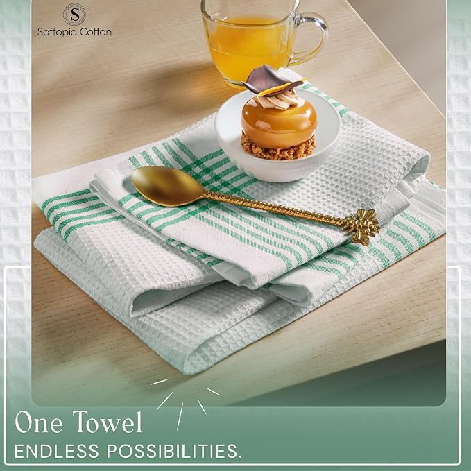 Waffle White & Dark Green Kitchen Towels 12 Pack, 100% Cotton, 16x26 inches, Super Absorbent Tea Towel for Drying Dishes, Quick Drying Kitchen Cloth Set for Daily Cooking, Cleaning