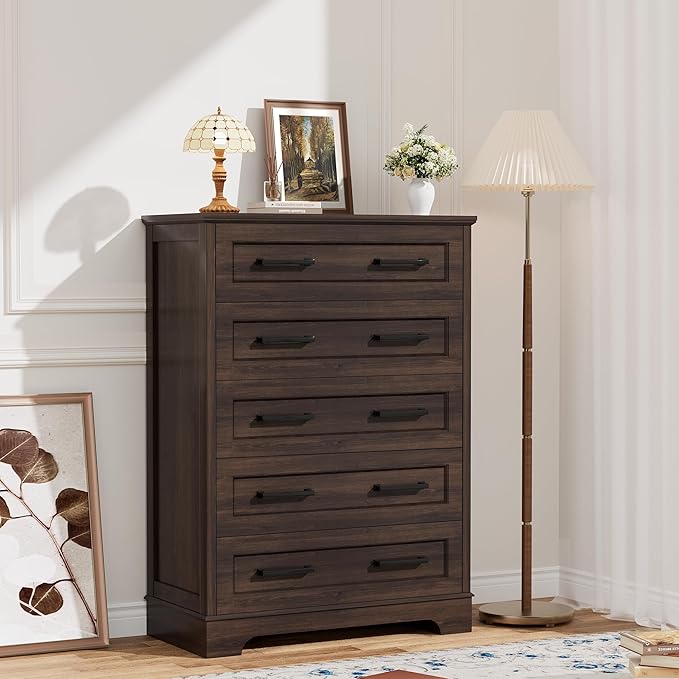 YESHOMY Tall Dresser for Bedroom, Farmhouse 5 Drawers Dresser, Chest of Drawer Chest, Multi-Tier Clothing Storage Cabinet, Brown