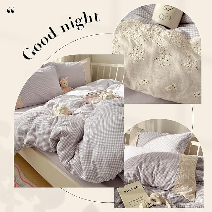 LifeTB Purple Gingham Duvet Cover Full Size Cozy Washed Microfiber Purple Checkered Plaid Duvet Cover with 2 Pillowcases Romantic White Lace Comforter Cover 3 Pieces Gingham Grid Bedding Set