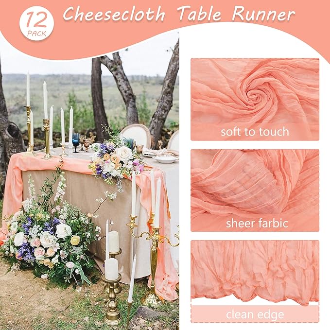 12 Pack 13Ft Cheesecloth Table Runner 35x157 Inch Boho Gauze Table Runner Cheese Cloth Long Table Runners Rustic Table Runners for Wedding Bridal Shower Birthday Party Table Decor (Peach Coral)
