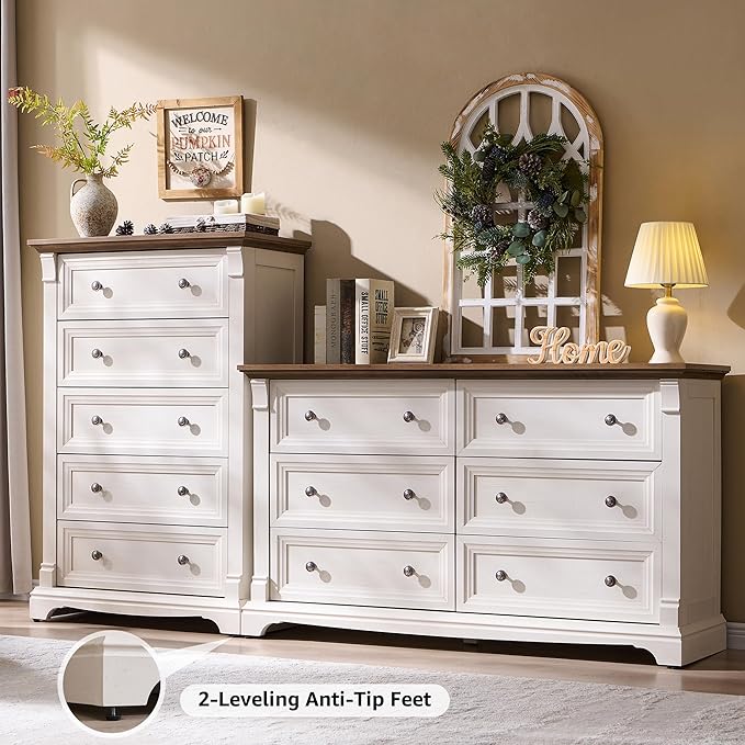 T4TREAM Farmhouse 5 Drawer Dresser for Bedroom, 47" Tall Wood Dresser with Ample Storage Space and Rustic Charm, Antique White