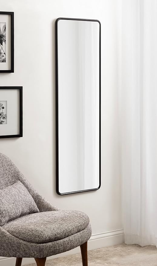 Kate and Laurel Caskill Modern Framed Full-Length Rounded Rectangle Mirror; 16 x 48; Black; Narrow Decorative Round Rectangular Statement Mirror for Wall