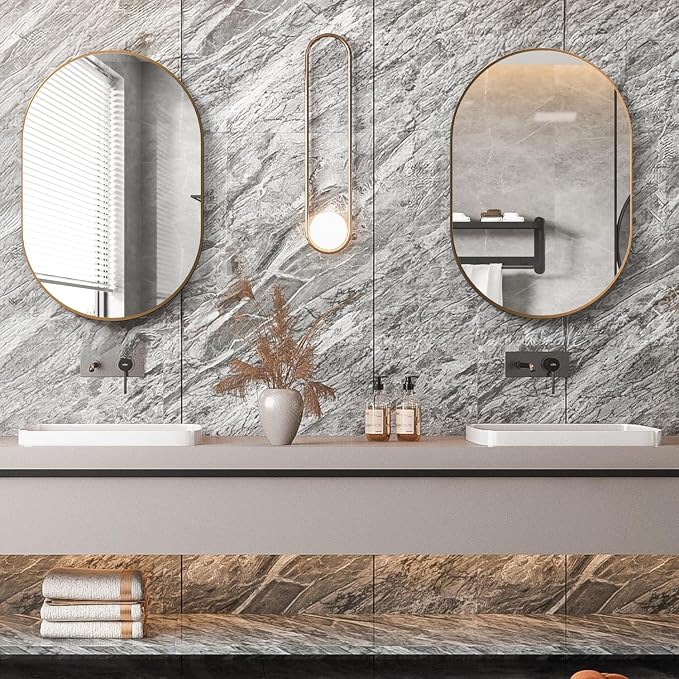 Oval Bathroom Mirror Capsule Wall Vanity Mirror, 2 Pieces 20"x30" Pill Mirrors Wall Mounted Mirror, Large Modern Mirror with Gold Metal Frame, Decor for Entryway, Bedroom, Living Room