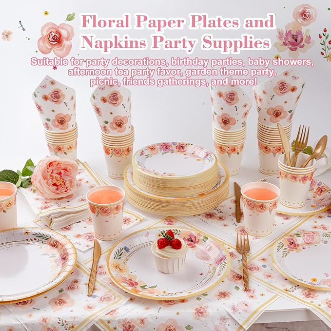 353PCS Floral Paper Plates and Napkins Party Supplies - Serves 50 Floral Decorations Include Plates, Cups, Napkins, Cutlery