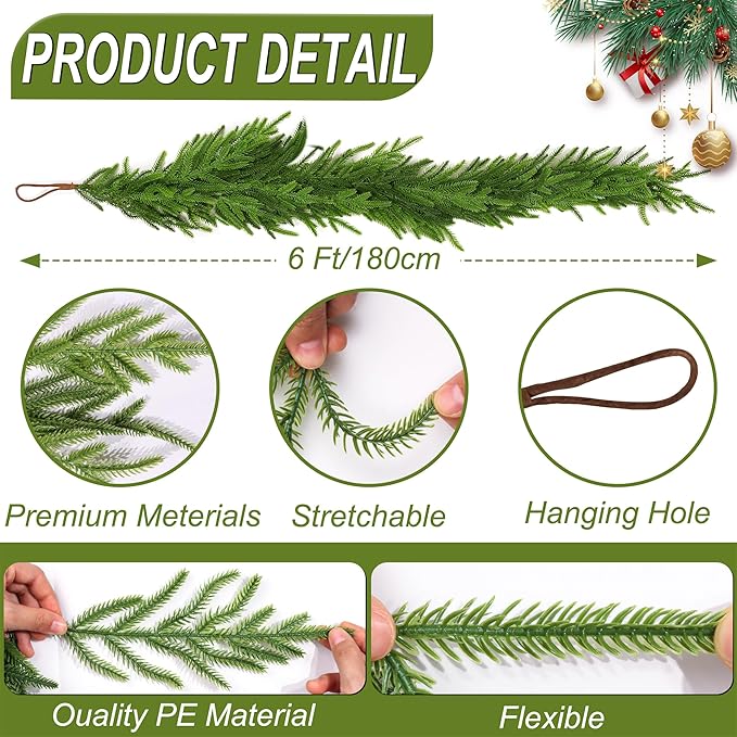 6 Ft Christmas Norfolk Pine Garland Real Touch Artificial Faux Greenery Christmas Garland Decorations for Home Fireplace Mantle Table Stairs Door Indoor Outdoor Holiday Decor
