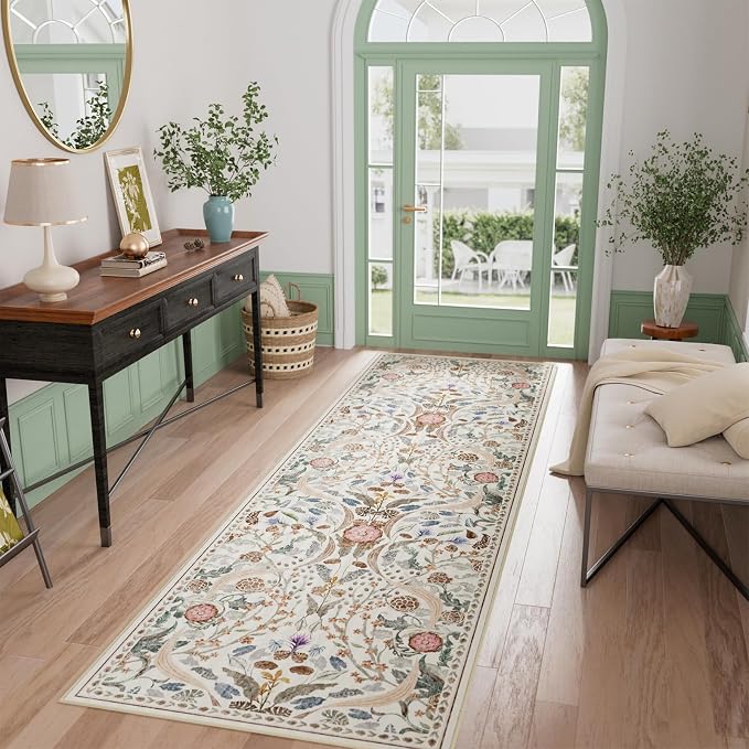 AMTOVO 2x6 Runner Rug for Hallway, Washable Non-Slip Long Kitchen Carpet, Floral Vintage Distressed Floor Mat for Hallways Entryway Living Room Laundry Room Bathroom Farmhouse, Beige