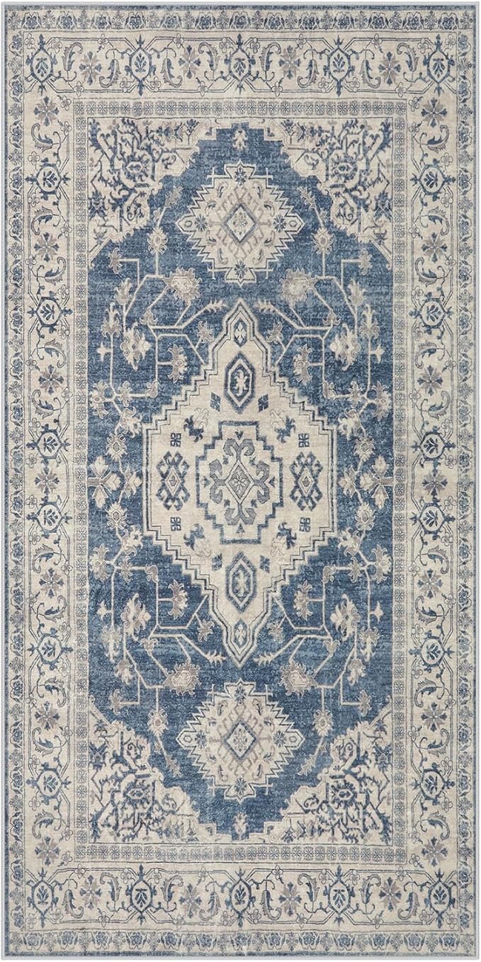Lahome Oriental Small Area Rug, 2x4 Washable Entryway Rug Non-Slip Ultra-Thin Indoor Door Mat Distressed Throw Carpet for Kitchen Bedroom, Blue
