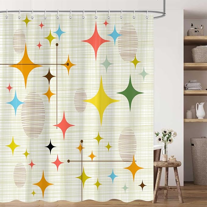 Mid Century Shower Curtain for Bathroom, Retro Stars Abstract Decorative Art Style Restroom Restroom Bath Curtain, Polyester Fabric Waterproof Bath Curtains 72x72 Inch with 12 Hooks