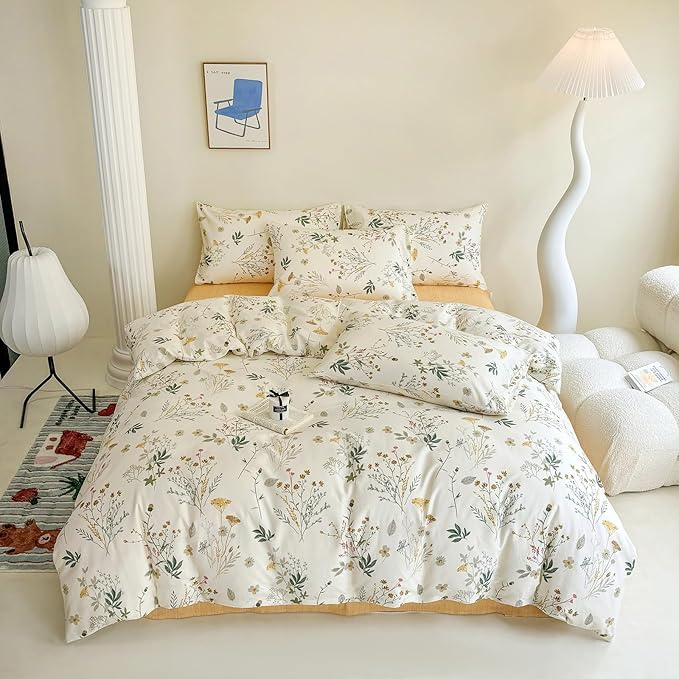 HighBuy Cotton 3 Piece Duvet Cover Full Yellow Floral Bedding Set Full Girls Botanical Coquette Comforter Cover with Zipper,Chic Garden Style Green Botanical Duvet Cover Set Vintage Soft
