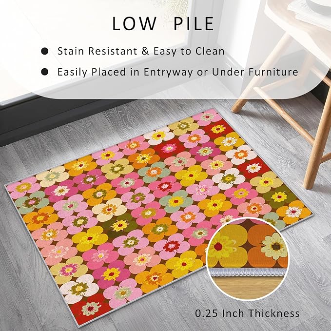 70s Floral Rugs 6x8, Retro Colorful Groovy Washable 6 x 8 Area Rug for Living Room, Bedroom, Low Pile Non Slip Stain Resistant Carpet, 70s Retro Home Decor Accessories & M845