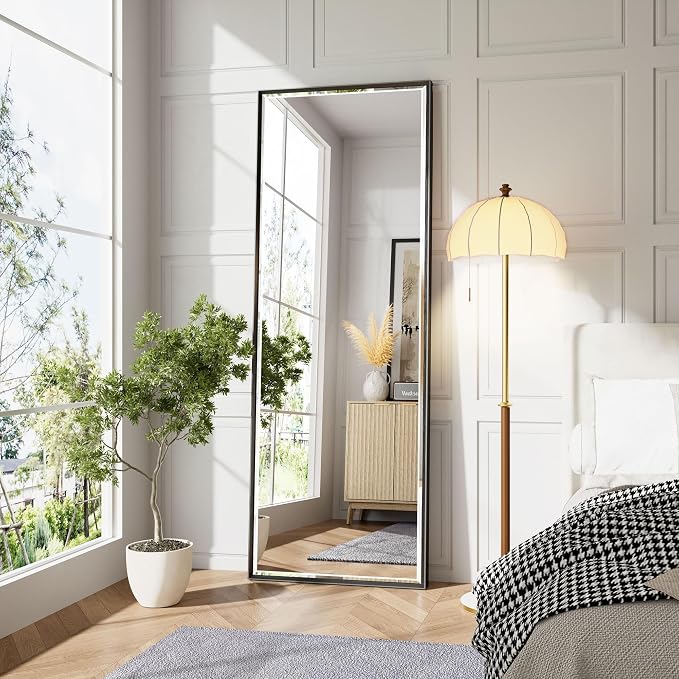 Black Framed Rectangle Beveled Full Length Mirror 16x60 Inch, Anti‑Rust Standing or Wall Mounted Full Body Mirror for Bedroom, Living Room, Entryway, Bathroom Wall
