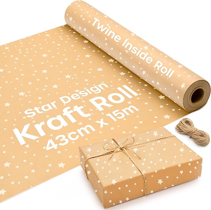 volila Brown Paper Roll 17.5 inch x 50 feet - Stars Kraft Paper Roll for Gift Wrapping Flower Boquet Craft Supplies - Brown Wrapping Paper for Moving Packing Paper