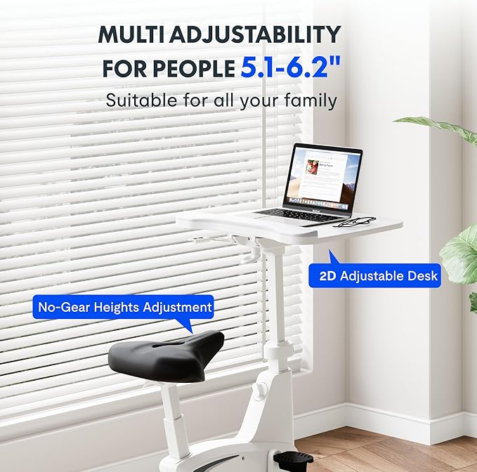 FLEXISPOT 3-in-1 Small Standing Desk with Wheels Exercise Bike Small Computer Desk for Laptop, Adjustable Height,2D Desktop,8-Level Resistance, Home Office Desks Workstation for Corner, White