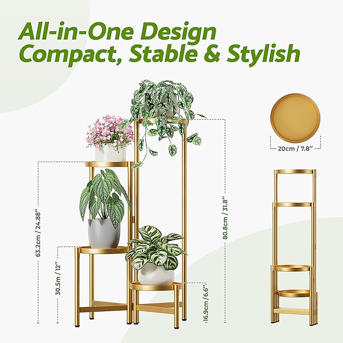 Gold Plant Stand, 4 Tiered Plant Stand Indoor for Multiple Large Planter, Tall Heavy Duty Adjustable Folding Rack with Rustproof 7.9 Inch Wide Tray, Plant Shelf for Corner - GoldDisk