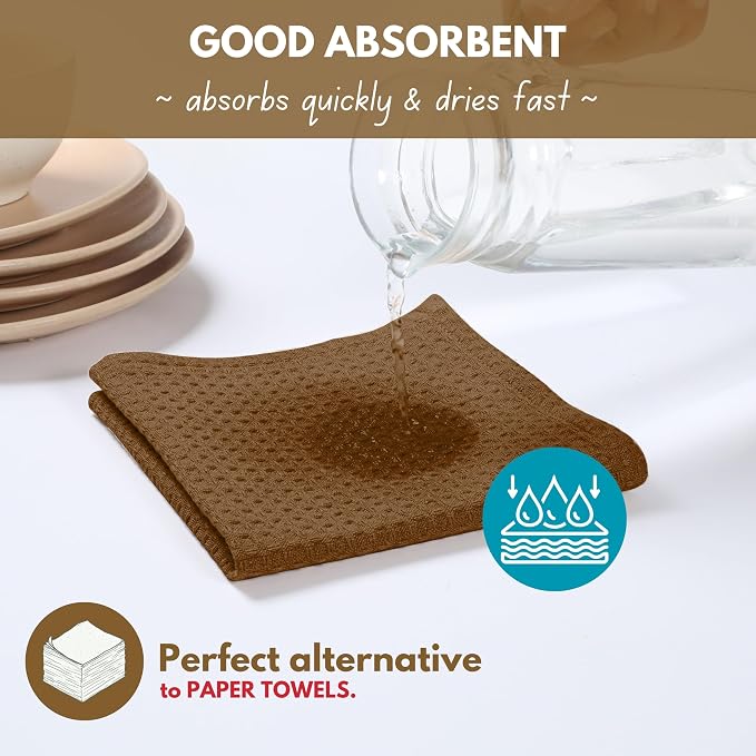 Native Fab 18 Pack Waffle Dish Cloths - 12x12 inch, 100% Cotton, Absorbent, Quick Drying, Washable & Reusable Towels for Cleaning, Cooking, Baking - Ideal for Home, Restaurants, Hotels, Cafes - Brown