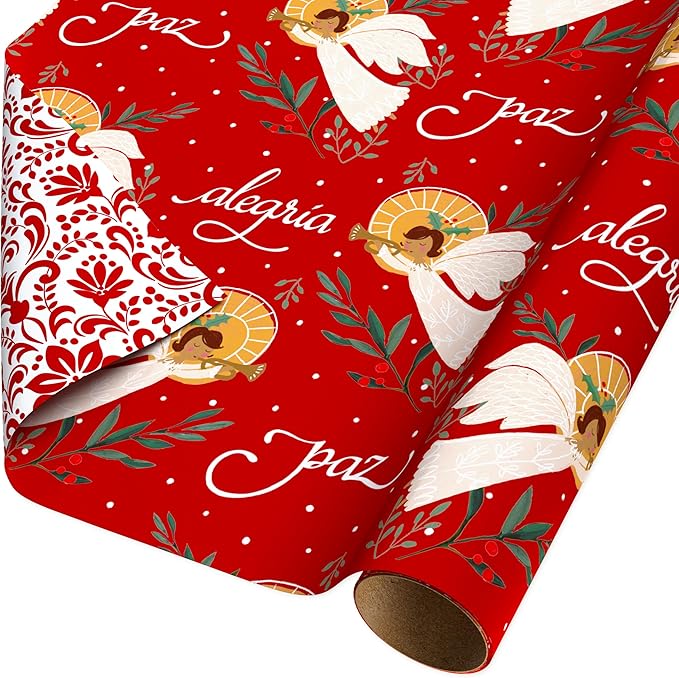 American Greetings Reversible Religious Christmas Wrapping Paper Roll with Angels, Red and White Holiday Gift Wrap (60 sq. ft., 1 Standard Roll Wrap-30 in. x 24 ft.) Papel de Regalo de Navidad
