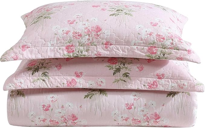 Laura Ashley - Queen Quilt Set, Reversible Premium Bedding with Matching Shams, Coquette Room Decor (Veronicas Bouquet Pink, Queen)