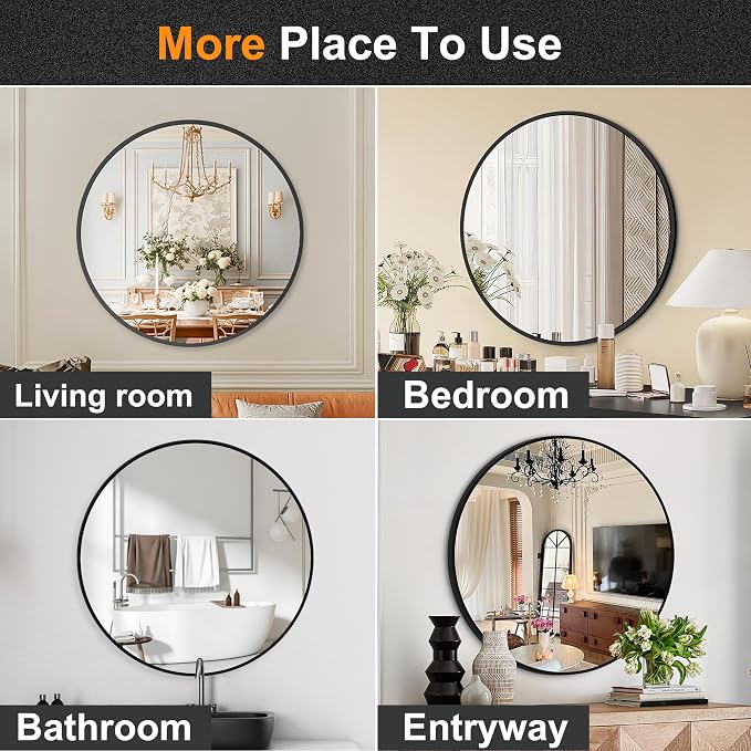 Black Round Mirror 22 Inch, Circle Wall Mirrors with Metal Frame, Wall Mounted Circular Mirror for Bathroom, Vanity, Entryway, Living Room, Hallway, Wall Decor