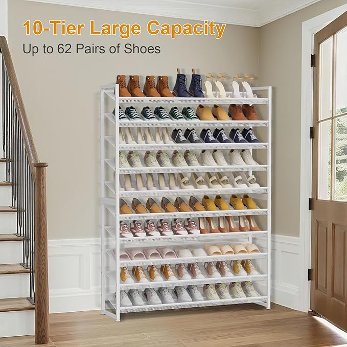 NEYCIL Large Shoe Rack 10 Tier Shoe Organizer, Heavy Duty Metal 5-Tier Stackable Shoe Storage Vertical Shoe Rack for Closet Front Door Entrance, Up to 62 Pairs, 44.8" W x 11.4" D x 71.2" H, White