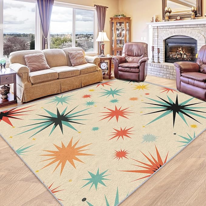 Retro Atomic Rug 4x6, Washable Mid Century Modern Rugs for Living Room Bedroom, Contemporary Geometric Area Rug for Home Decor, Non Slip Backing Floor Carpet with Gripper - 4 x 6 ft