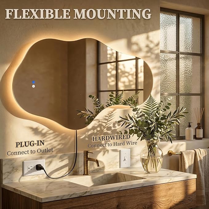 Irregular LED Bathroom Mirror with Lights, Backlit Vanity Mirror for Wall, Asymmetrical Wall Mirror, 3 Color Dimmable Anti-Fog Smart, Decorative Mirror for Bathroom, Entryway(26″ x 43″, 1 Pack)