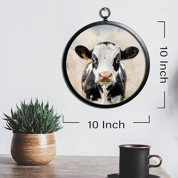 XIAOAIKA Vintage Wall Art with Metal Frame, Round Wood Print Featuring Cow Portrait, Boho Wall Decor for Living Room, Bedroom, Kitchen, 10 Inch