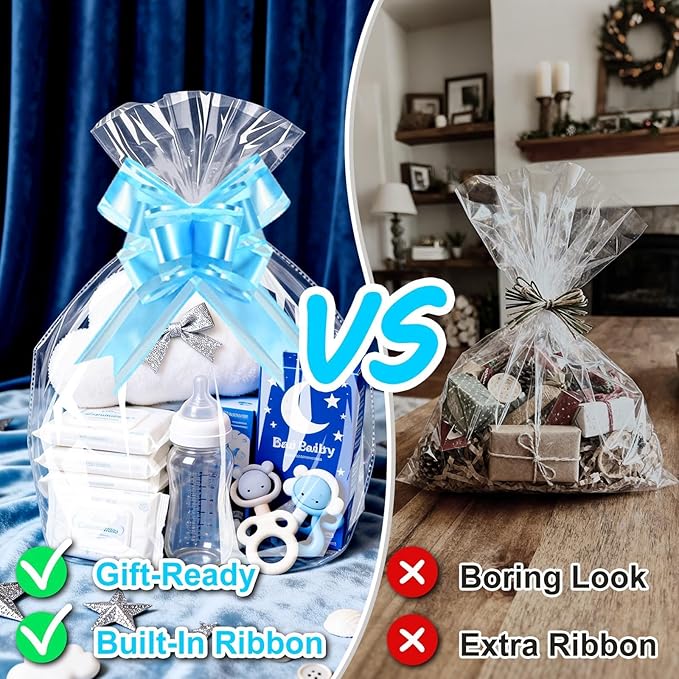 PigPotParty 16"x24" Clear Cellophane Gift Bags - Includes Bows – 10 Pack Cellophane Wrap for Gift Baskets, Plastic Gifts Bags for Gift Giving