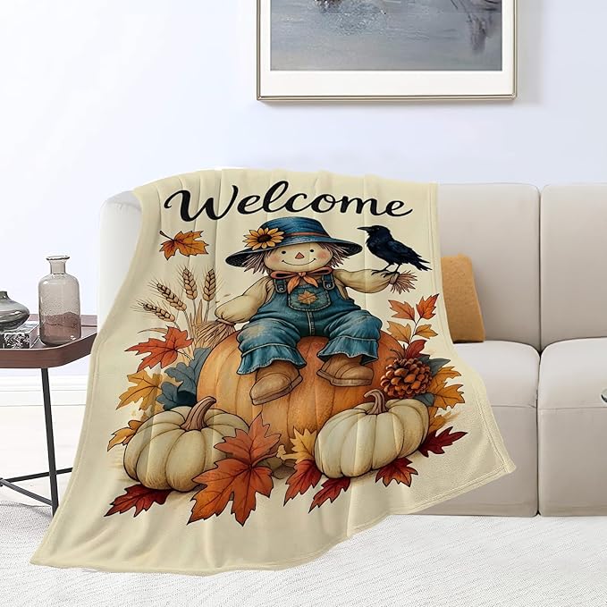 Fall Pumkin Blanket Farmhouse Autumn Harvest Throw Blanket Fall Scarecrow Soft Cozy Fleece Fuzzy Stuffed Plush Flannel Gifts for Girls Women Boys Kids Adults 40''x50''