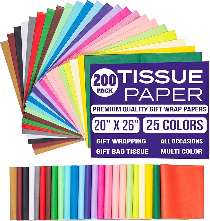 Gift Tissue Paper for Gift Bags - Tissue Paper Bulk | 25 Assorted Colors 200 Sheets 20x26 Inch | Premium Quality Bold Colored for Crafts, Wrapping, Packaging, Birthday, Holiday, Christmas