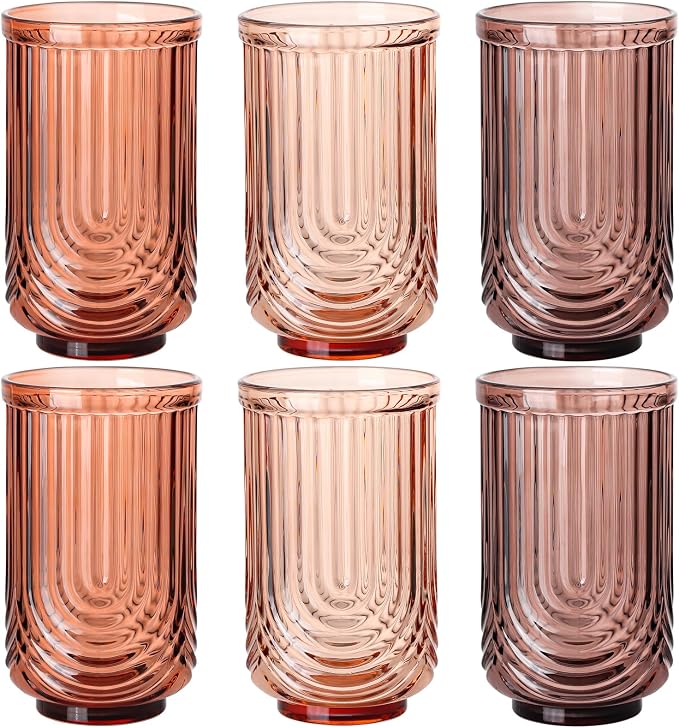 Venus Vintage Drinking Glasses Set of 6-17oz Hand-Blown Highball Ribbed Glassware, Arch Design Cocktail Glasses for Whiskey Water Beverages Ice Coffee Juice Milk