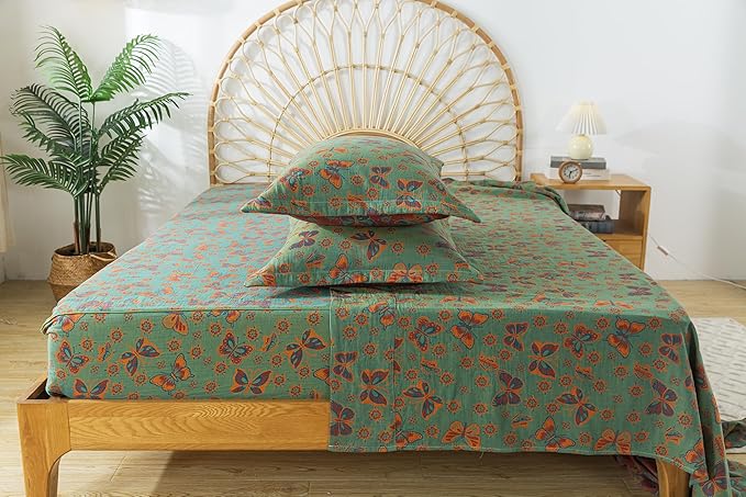 FADFAY Butterfly Sheets Set King Vintage Green Red Floral Bedding Shabby Farmhouse Bedding Super Soft Washed Double -Layer Muslin Sheets 100% Cotton Deep Pocket Fitted Sheet 4Pcs, King Size