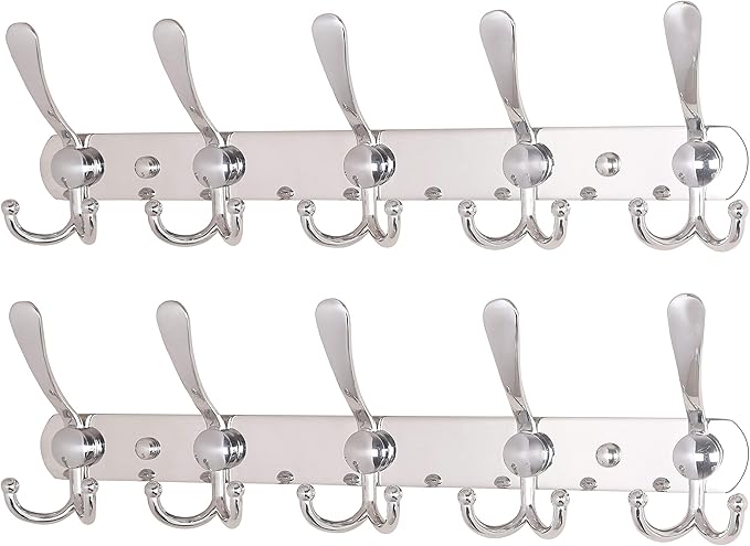 Dseap Wall Mounted Coat Rack - 5 Tri Hooks, Heavy Duty, Stainless Steel, Metal Coat Hook Rail for Coat Hat Towel Purse Robes Mudroom Bathroom Entryway (Chromed, 2 Packs)