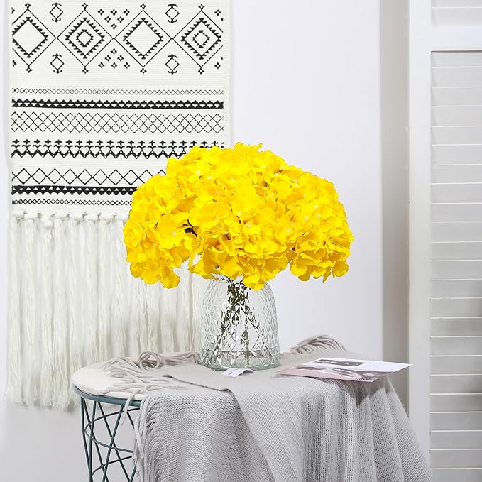 Fake Yellow Hydrangea Artificial Flowers - Faux Silk Hydrangeas Flowers Heads with Stems Real Touch for Home Wedding Party Table Decor(Yellow,Pack of 10)