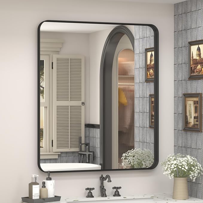 24x28 Inch Black Metal Framed Bathrrom Mirror for Wall, Matte Black Rectabgle Mirror, Shatterproof, Anti-Rust, Horizontally or Vertically Mounted