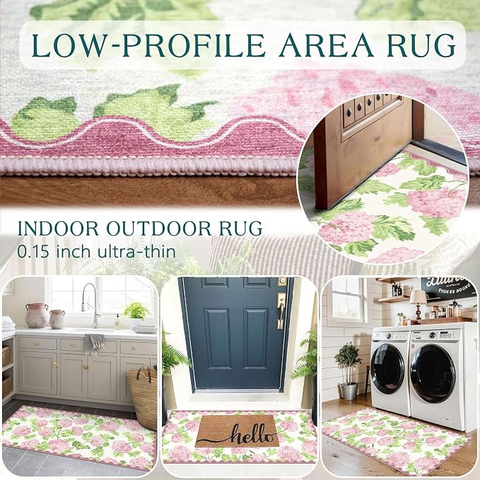 Front Door Mat Indoor Entrance - 2x4.3 Ft Spring Washable Layered Doormat Outdoor Entrance Porch Rug Non-Slip Pink White Floral Scalloped Runner Rug for Kitchen Bedroom Mudroom Porch Decor
