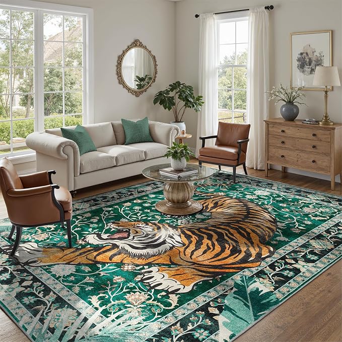 DCX Washable 6x9 Tiger Area Rug, Green Vintage Animal Rug for Living Room, Soft Low Pile Carpet, Kid & Pet Friendly with Rubber Back Non Slip, Stain Resistant Rug for Bedroom Dining Room Office
