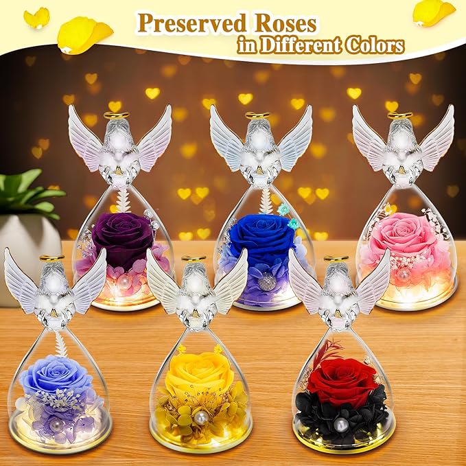 LURLIN Birthday Rose for Women, Preserved Flowers for Mom, Glass Angel Figurines With LED Forever Rose for Grandma Wife Friend Teacher, Nurse, Anniversary Day Girls Gift