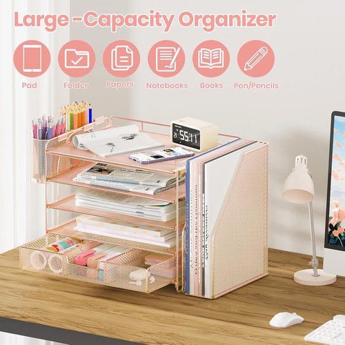 OPNICE Desk Organizer - 5-Tier Paper File Holder with Drawer & Pen Holder | Rose Gold Office Accessory