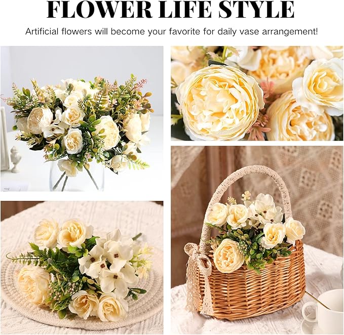 ASTRYAS Artificial Flowers, Small Artificial Peony Silk Flowers Fake Peonies Bouquet Faux Rose Flower Arrangement for Home Party Decoration (Champagne)
