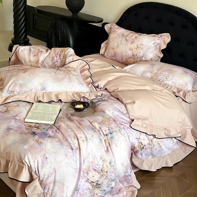 HighBuy French Ruffle Duvet Cover Queen Size,Brushed Cotton Soft Pink Floral Chic Cottagecore Bedding Set Breathable for Hot Sleepers,Durable Comforter Cover Set - 1 Duvet Cover 2 Pillowcases