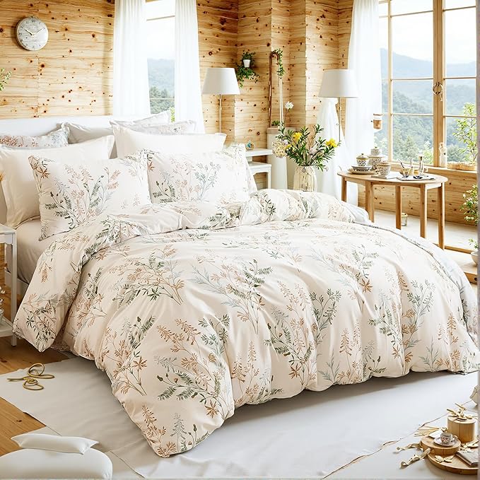 100% Cotton Duvet Cover King Size Ultra Soft Green Floral Comforter Cover with Luxurious Tan & Green Leaves on White, Reversible Lightweight Floral Duvet Cover Sets