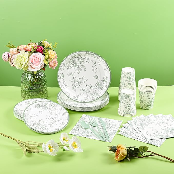 175Pcs Sage Green Floral Paper Plates and Napkins 25 Guests Green Toile Chinoiserie Party Supplies Set Include Plates Napkins Cups Spoons Forks Knives for Birthday Wedding (175, Sage Green Floral)