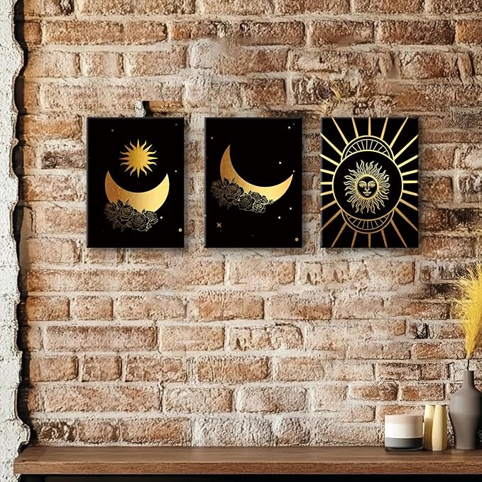 Tarot Canvas Wall Art Abstract Sun Moon Phases Floral Print Poster Black Gold Aesthetic Art Astrology Pictures Artwork Vintage Paintings Decor for Bedroom Living Room Home Decoration 12x16” Set of 3