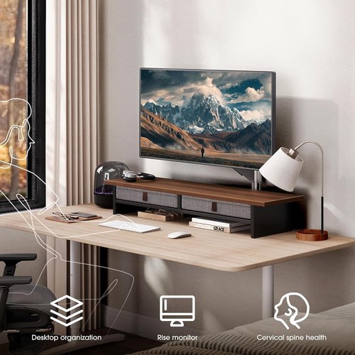 Fenge Dual Monitor Stand - 2-Tier Desk Riser with Drawer for 35 Inch Monitors | Home & Office Use