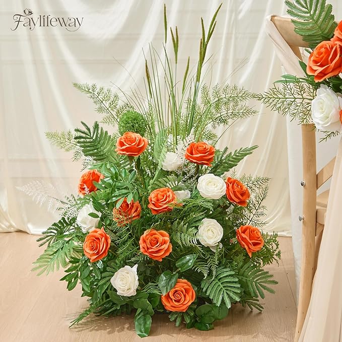 20PCS Artificial Light Orange Roses, 3.9'' Silk Flower Head Fake Light Orange Rose with Long Stems, Realistic Faux Roses Bouquet for Mother's Day DIY Wedding Home Party Office Decoration