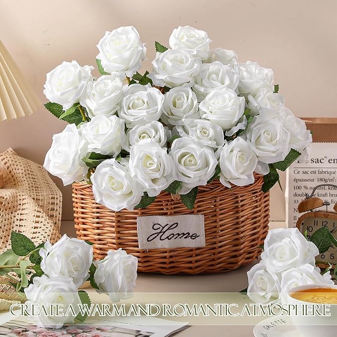 Jexine 50 Pcs Artificial Rose Flower Bulk Realistic Silk Fake Roses with Long Stem Plastic Artificial Flower Bouquet Real Looking for Home Wedding Centerpieces Party Decoration(Pure White)