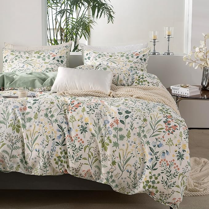Floral Comforter Set King Soft Bedding Comforter Set 3 Pieces Lightweight Garden Style Green Red Flower Print Botanical Flowers Comforter Set 1 Comforter and 2 Pillowcases (Floral, King)