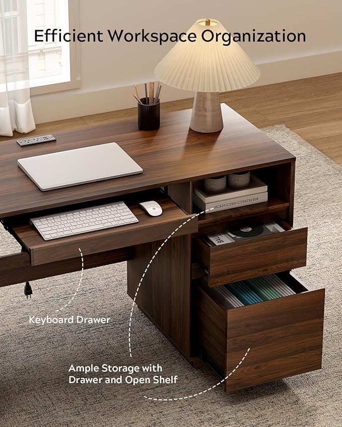 59" Office Desk, Farmhouse Wide Home Executive Desk with File Drawer & Open Storage & Power Outlet, Wooden Computer Desk for Study Writing, Brown