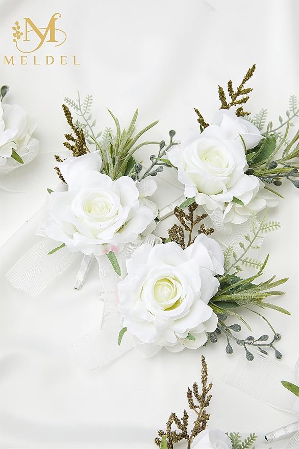 Meldel Boutonniere for Men Wedding, Set of 6, Elegant Artificial White Rose Boutonniere for Wedding Prom Homecoming Party, Perfect Accessories for Groom Best Man